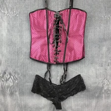 Womens Satin Lace Corset Bustier Set (2 Piece) Burgundy Size Large Tie Front NEW