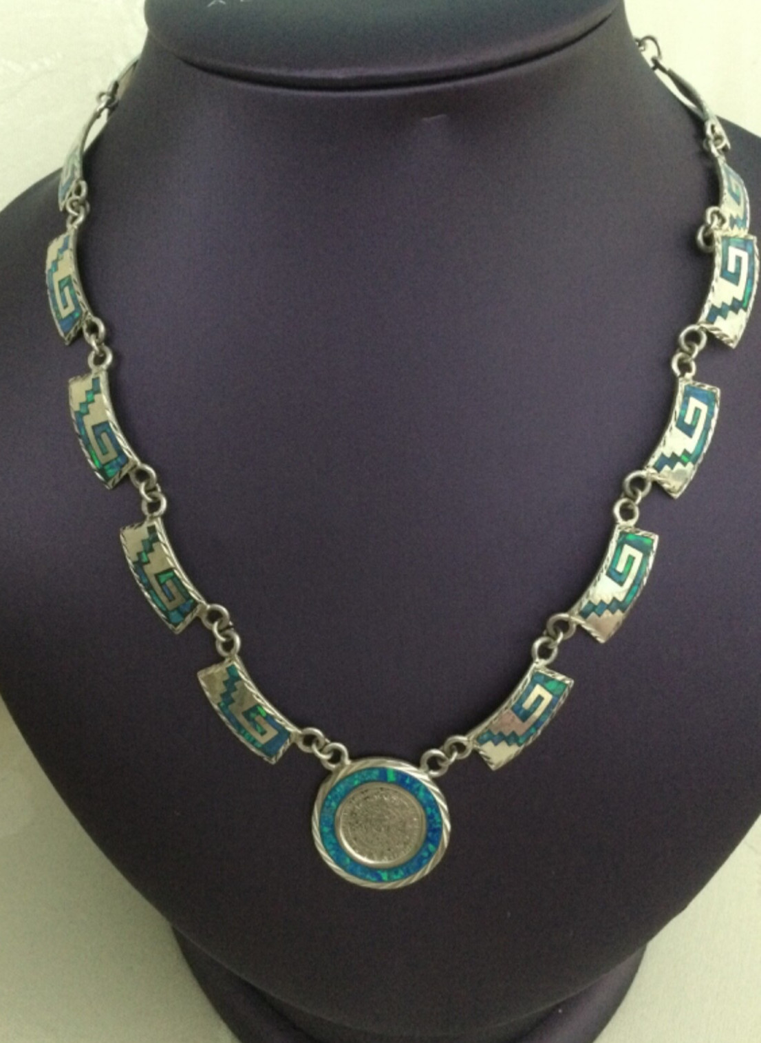 Solid Sterling Silver Fire Opal Blue Mayan Coin G… - image 2