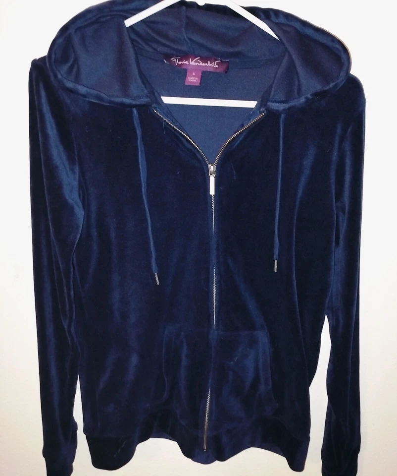 Conjunto de Moletom com Capuz (S) e Calças (XS) Gloria Vanderbilt Veludo Azul Zíper Completo Ótimo!  - Imagem 2 de 4