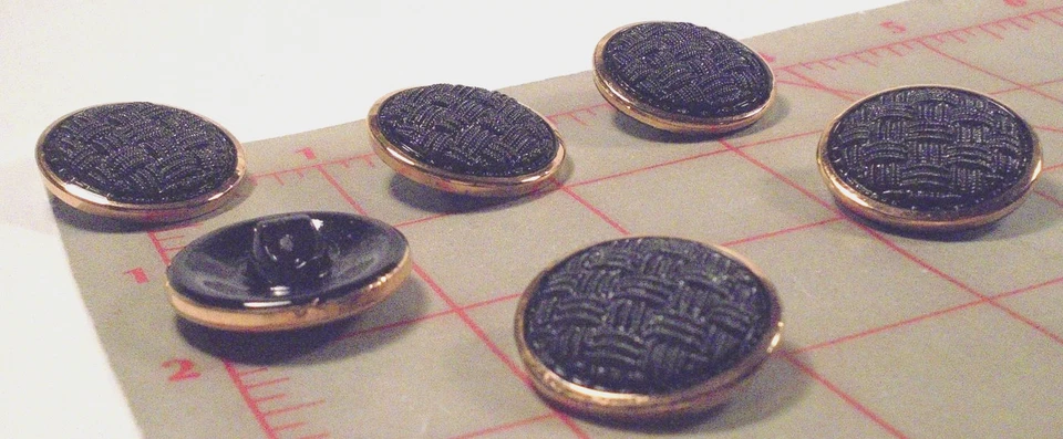 5 Czech Xtra Lg Glass Shank Buttons Black Woven Texture Gold Edge 1-1/8" 740 - Image 3 of 4