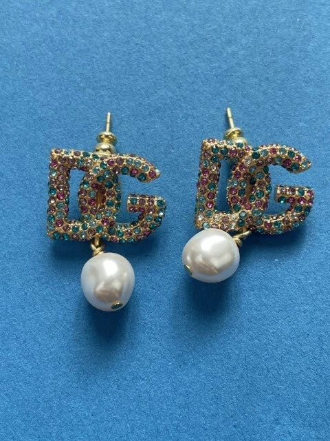 Golce & Gabbana Gold Multicolour Stone Charming DG Monogram Designed Earrings - Image 3 of 4