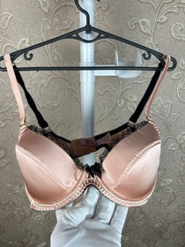 Agent Provocateur Satin Lingerie Set Pink Black Lace Bra & Suspender Girdle 34D