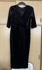 Boohoo Black Velvet Wrap style Party Night Out Midi Dress UK14