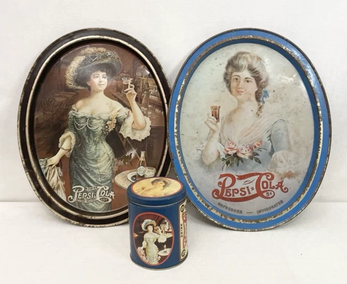 (3) Lot Vintage Pepsi Cola Metal Tins Oval Trays Bin Container Gibson Girl Rust