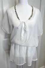 Womens Sheer White Beaded Top Size M Ethereal Fairy Angel Romantic Soft Dainty