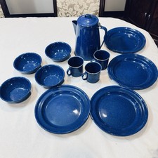 GSI Outdoors Blue Speckled Enamelware Camping Set Plates, Bowls, Mugs, Kettle