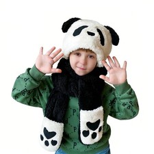 Winter Hat Gloves Scarf Set for Kids Cute Panda Movable Ears One Size, Black