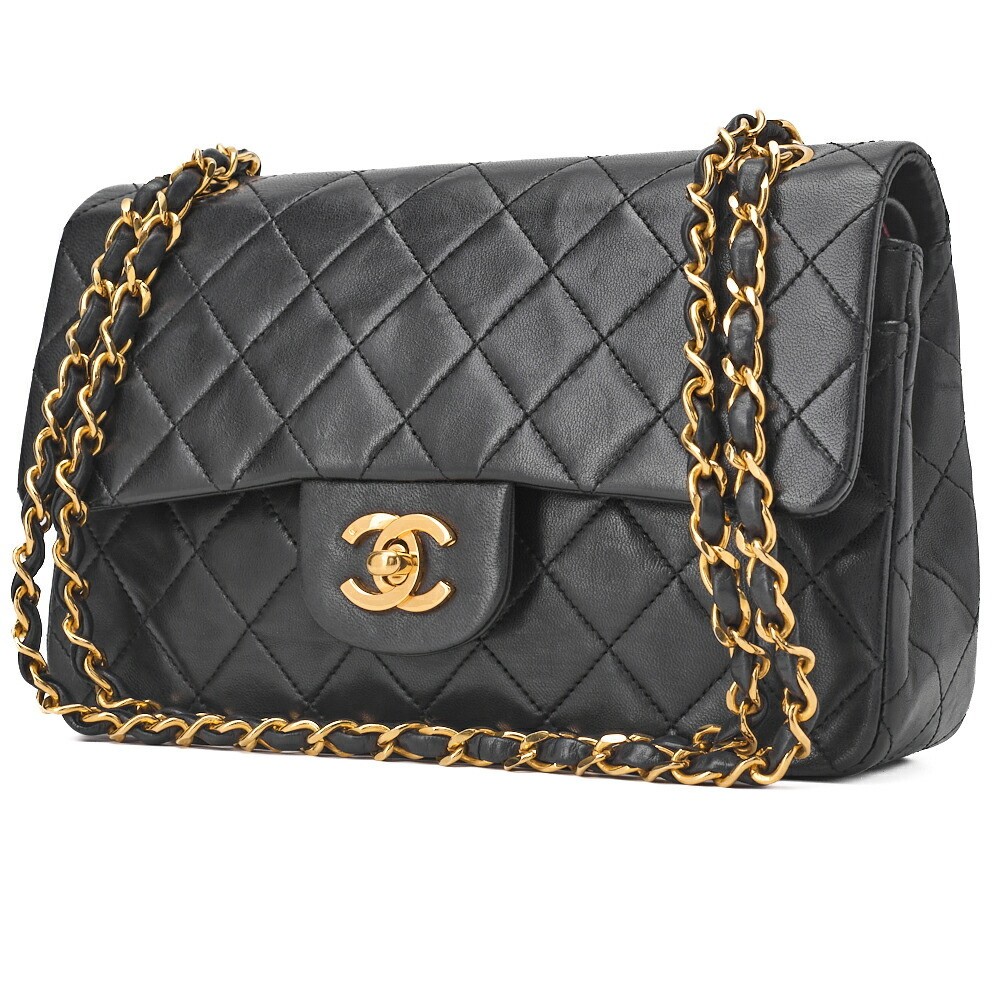 CHANEL Matelasse Double Flap 23cm Black Lambskin Shoulder Bag with Chain