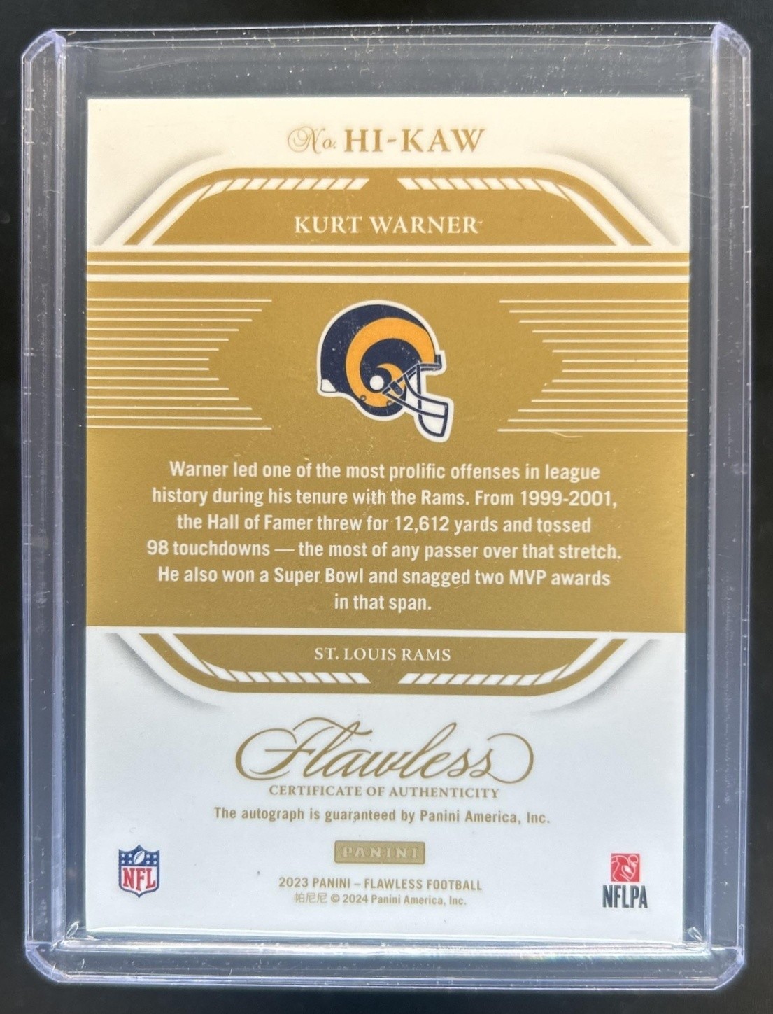 2023 Panini Flawless Kurt Warner Honored Ink Auto Autograph #/25 Rams view 2
