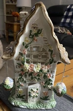 Vintage Blue Sky Clayworks Ceramic Tealight House with Hanging Basket Flowers