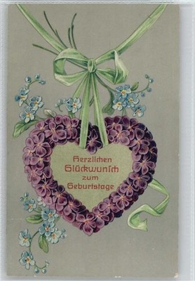 11002483 - Birthday - Heart of Violets - 1909 Litho Postcard Forget-Me-Not
