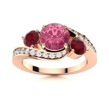 5MM Round Pink Topaz  Ruby 925 Sterling Silver Rose Plated Three Stone Ring