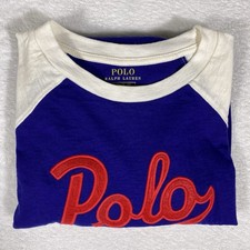 Polo Ralph Lauren Raglan Long Sleeve Shirt Blue Cream Logo Youth L 14-16