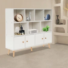 Open Bookshelf with Solid Wood Legs, Standing Open Bookshelf W/ 11 Compartments