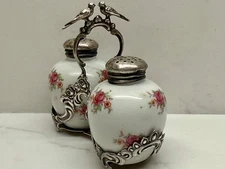 STERLING LOVE BIRD CADDY SIGNED WITH SALT AND PEPPER SHAKERS