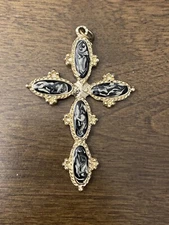 Cross Crucifix pendant goldtone with black and white stones 3" tall