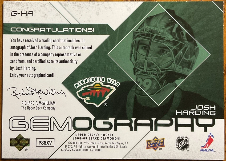 2008-09 Black Diamond Gemography Josh Harding #G-HA Minnesota Wild - Image 2 of 3