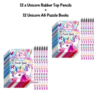 12 x Einhorn Gummistifte & 12 Einhorn Puzzlebücher Party Tasche Füllung