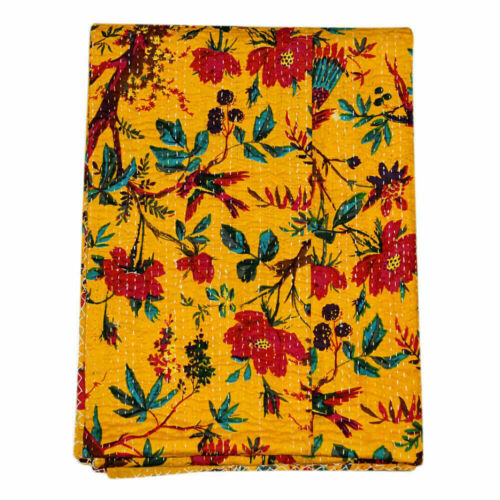 Couverture de lit hippie vintage en coton courtepointe jaune Kantha couverture de lit hippie - Photo 1/4