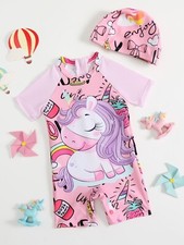 BabyGirl Unicorn Print, Zipper Back Swimsuit with Swim Cap 9-12M 