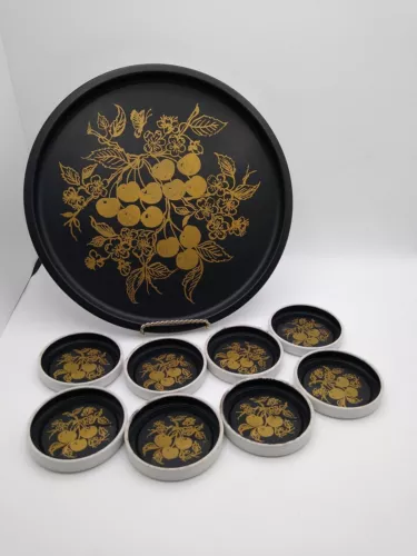 Vintage MCM Black and Gold Cherry Cluster 11” Serving Tray Plus 8 Coasters 3"