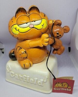 VTG*RARE*NEW*GARFIELD & POOKY FIGURAL CERAMIC MUSIC BOX ENESCO 1978 PLAYS