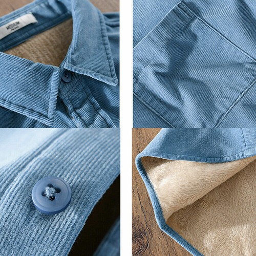 Mens Corduroy Fleece Lined Shirt Long Sleeve Collared Warm Top Blouse Pocket - Picture 11 of 16