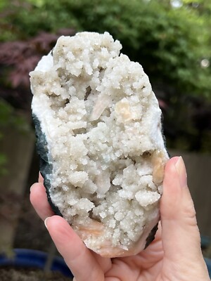 Prehinite weiße natürliche Geodenhöhle mit orangem Stillbiss Poona 10 319g AAA+