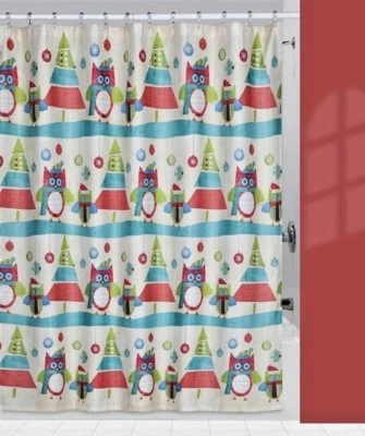 new Holiday~OWLS~Teal Blue Green Pink CHRISTMAS~TREES FABRIC SHOWER CURTAIN - Image 1 of 3