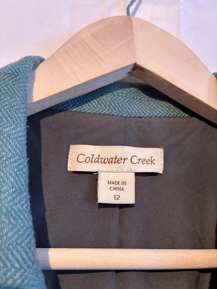 Coldwater Creek Teal Herringbone Blazer Womens 12 Wool Blend 3 Button Y2K - Image 4 of 4