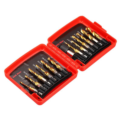 13Pcs Combination Drill Tap Bit Set, SAE 6-32NC to 1/4-20NC Metric M3 to M10 Thr