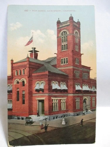 1910 POSTCARD " POST OFFICE, SACRAMENTO CAL " STOREFRONTS HOMES RARE VIEW UNUSED