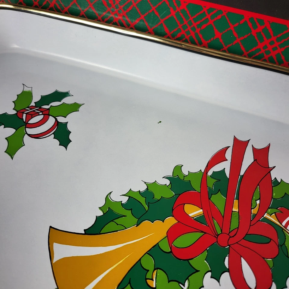 Vintage Christmas Wreath Metal Serving Tray Set Holiday Hostess Gift Made Japan - Image 4 of 4