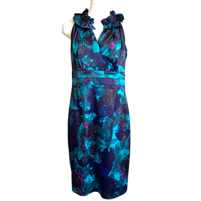 Donna Ricco Ruffled Neck Dress Size 8 Blue Green Sheath Lined