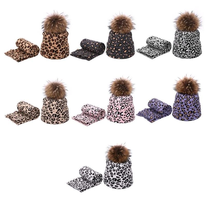 2pcs Winter Women Pompon Beanie Hat Scarf Set Leopard Warm Faux Fur Pom Pom Caps