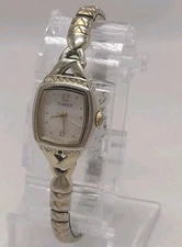 Vtg Timex Women's GoldTone Quartz Watch Crystal Accents Stretch Band New Battery