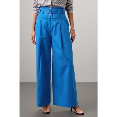 Eudon Choi Wide Leg Linen Trousers Blue High Rise Pants Pleated Belted Sz 2