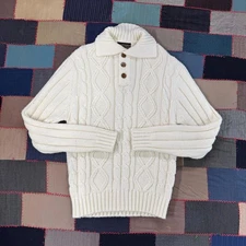 Vintage 70's Sears Sportswear White Cable Knit  Collar Pullover Sweater Size L