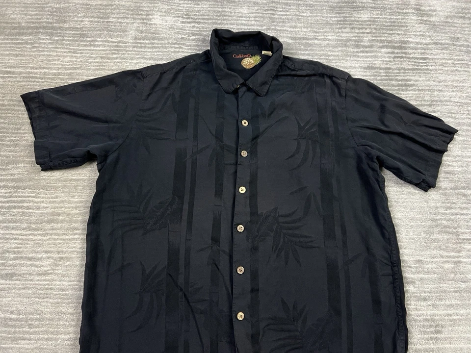 Рубашка карибская мужская большая черная шелковая смесь с коротким рукавом на пуговицах повседневная - Изображение 2 из 4