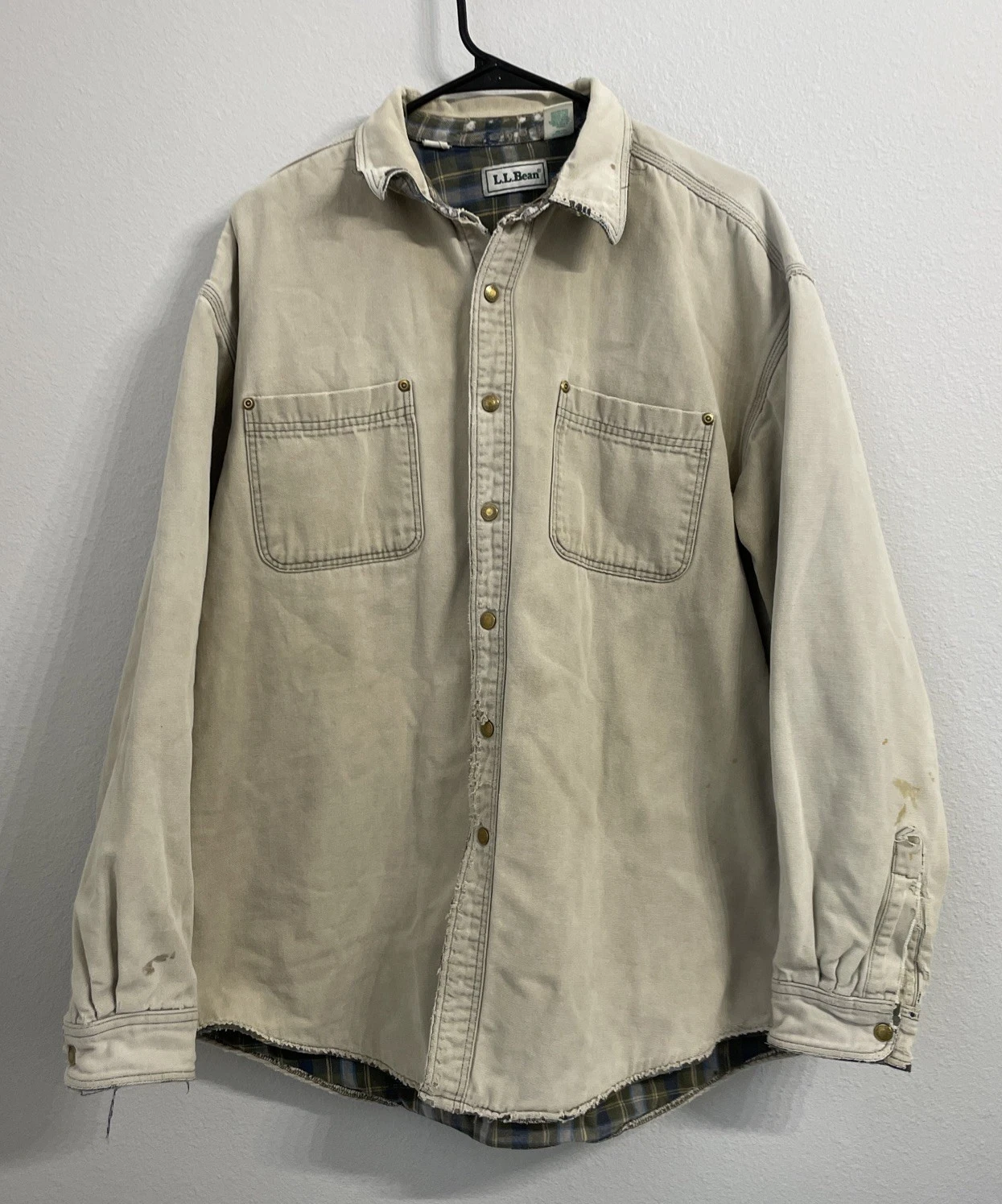 LL Bean Mens Canvas Jacket Shirt Large Khaki Work Chore Flannel Plaid Distressed