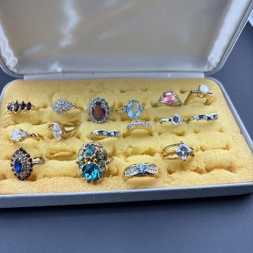 Vintage Lot Of 16 Costume Jewelry Ring Lot Gold Silver Tone Rhinestone Cocktail