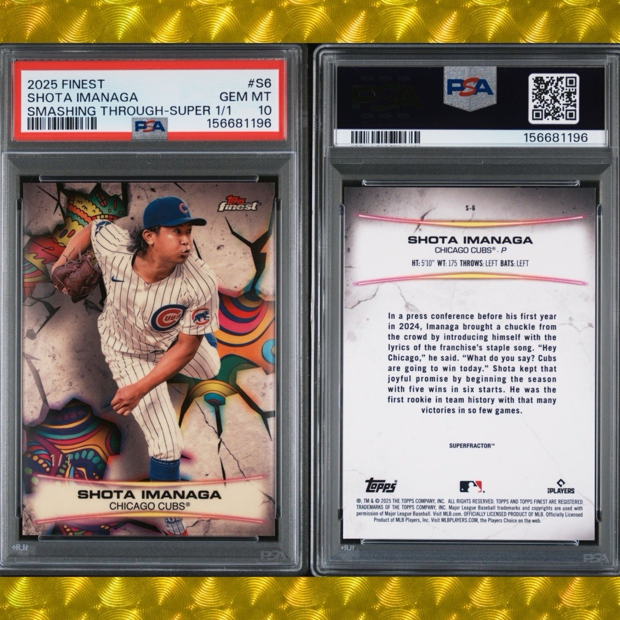 2025 Topps Finest Shota Imanaga Smashing Through Superfractor 1/1 PSA 10 view 3