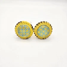 Metal Drawer Pulls Glass Centers Yellow Blue Shabby Chic Vintage Style Set of 2