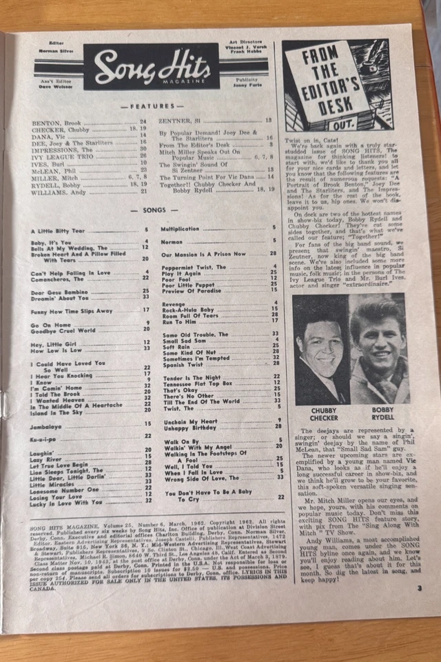 Song Hits Magazine March 1962 Chubby Checker Bobby Rydell Joey D Star-liters VG - Image 3 of 4