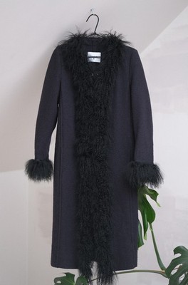 Dondup Women's Navy Blue Wool Vivianne Mongolian Fur Coat Size 40 Made in Italy