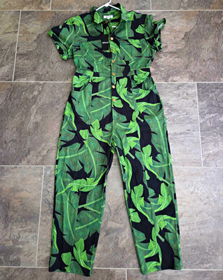 Mixed by Nasrin Women s Jumpsuit XL Green/Black Floral Tropical Short Sleeve