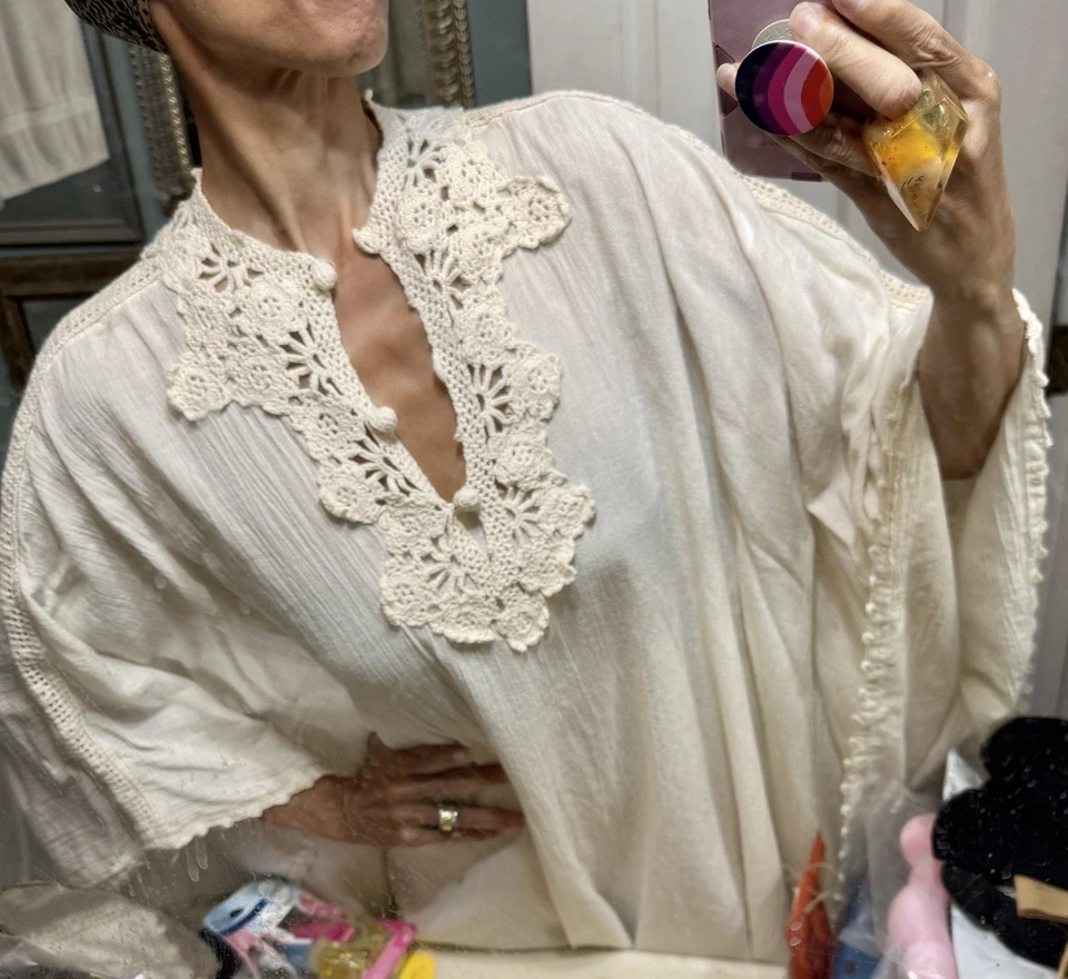 Maxi Vestido De Colección Crema Crochet Diosa Caftán Marfil Gasa Años 70 Raro Foto 2 de 4