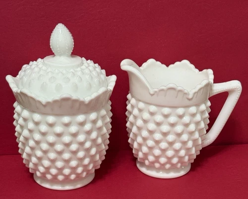 Vintage Fenton Hobnail Milk Glass Creamer and SugarBowl