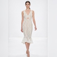 GUESS White Leaf Embroidered Mermaid Midi Dress Cutout V-Neck Size 10 GDQN4910