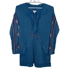 Sundance Lace Up Tunic Sweatshirt Dress XS Blue Embroidered Pockets Boho